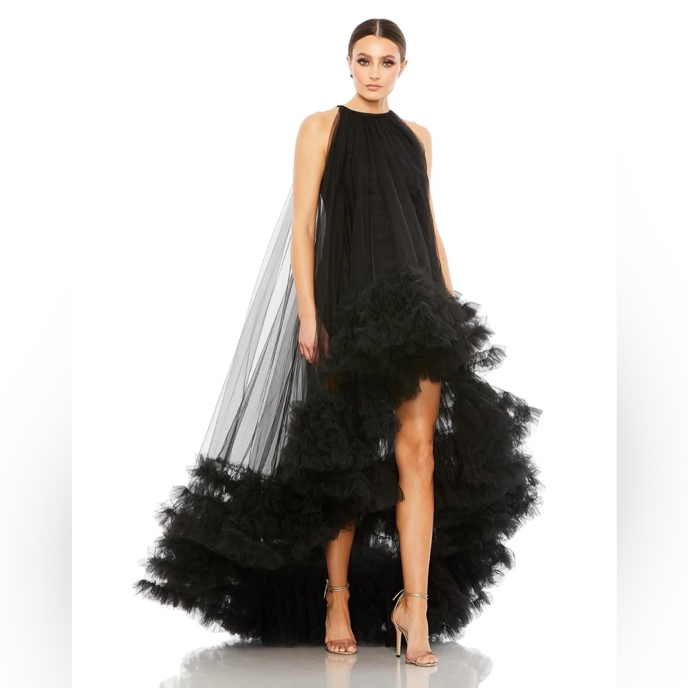 $998 MAC DUGGAL TULLE HIGH NECK SLEEVELESS RUFFLED HEM HI-LO GOWN 68252.